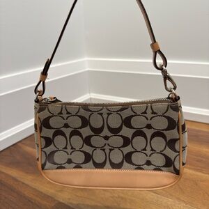 Coach Mini Signature Canvas Shoulder Bag in Brown and Tan Leather